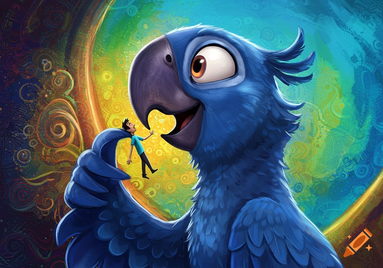 A large cartoon blue parrot from Rio holds a tiny human against a colorful background in an illustration.