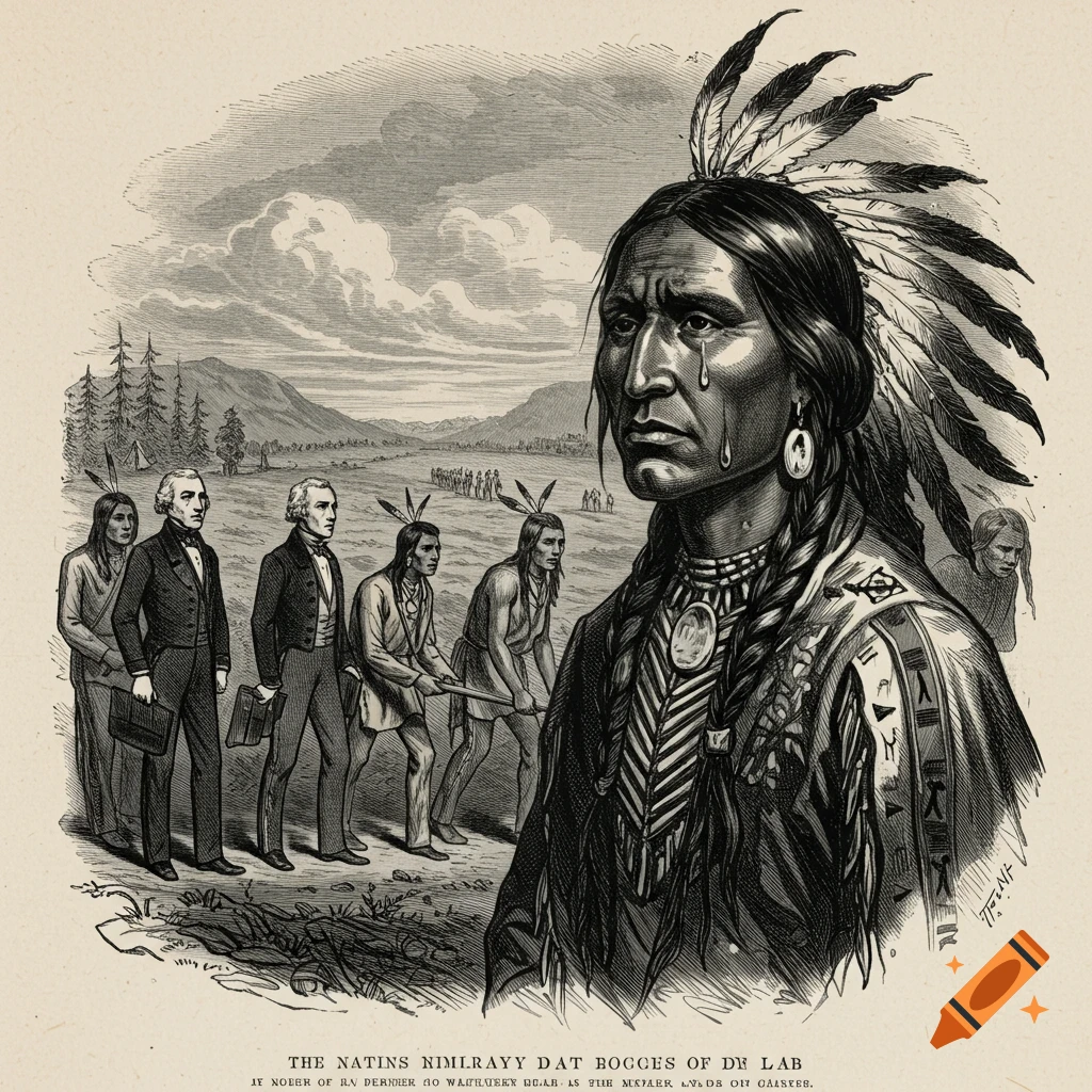 Engraving of a Native American man crying in the foreground, with figures walking away across a field in the background.