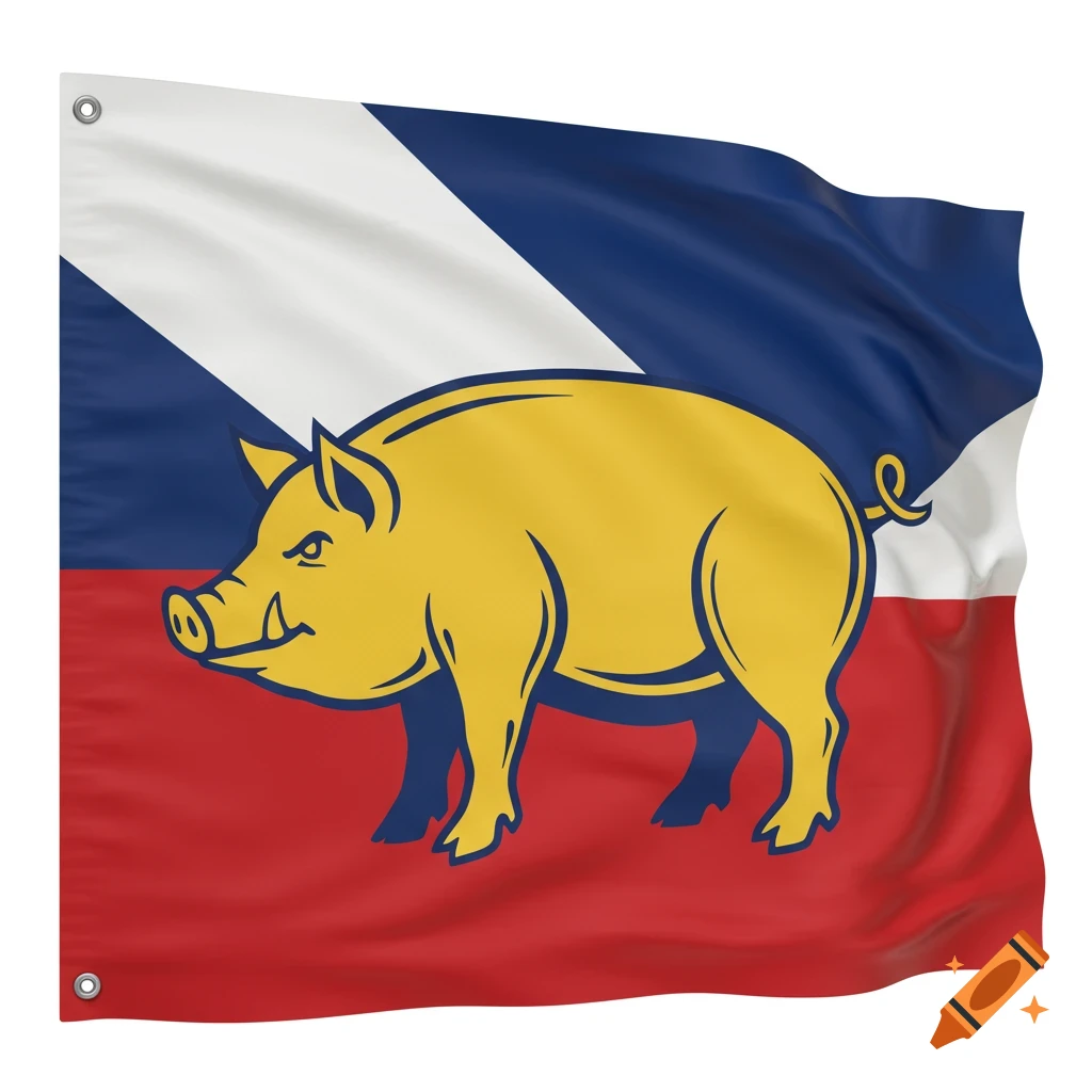 A flag with a large yellow pig centered on a background of red, white, and blue stripes.