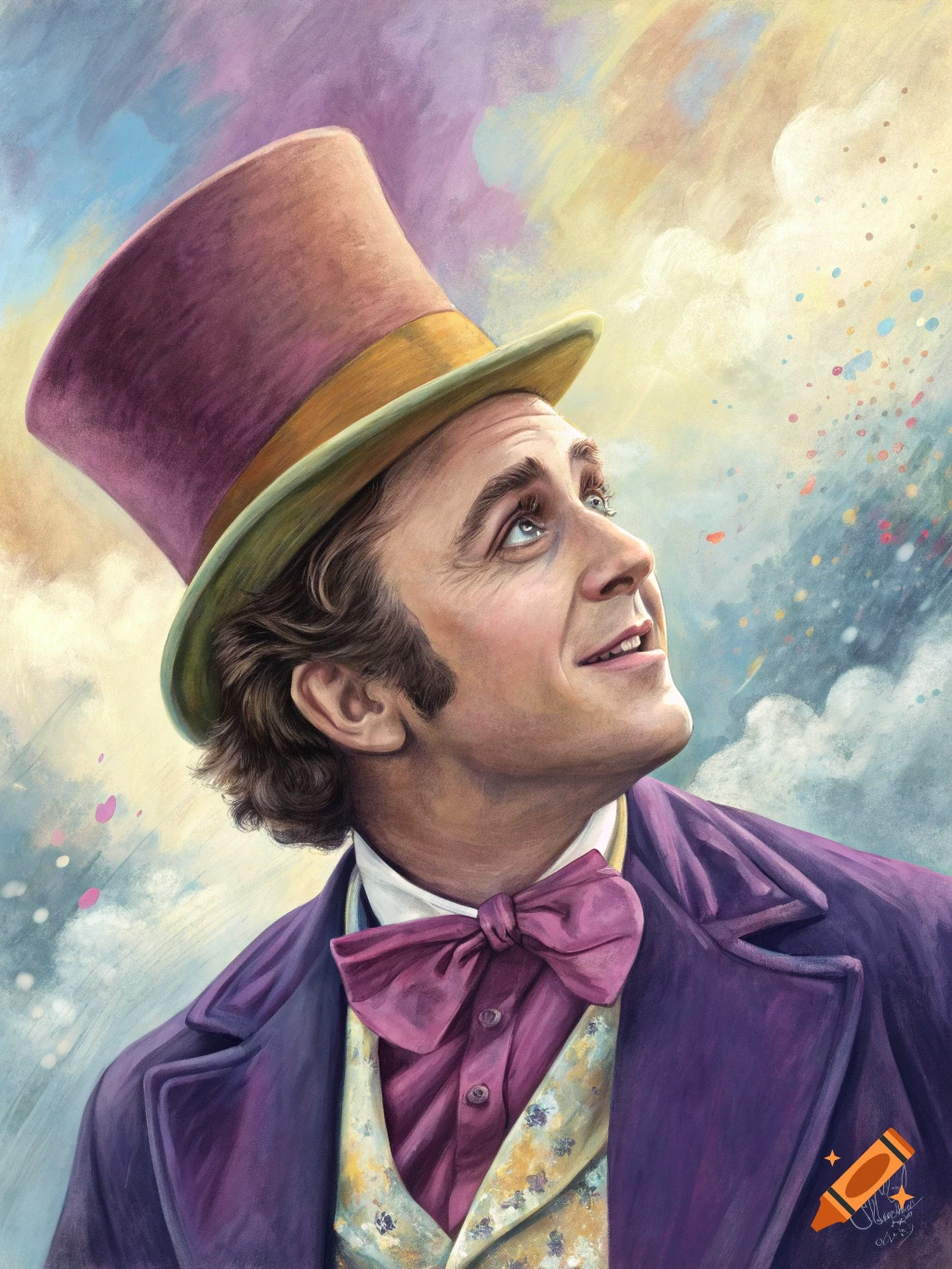 Impressionist painting of Gene Wilder as Willy Wonka, looking up with a smile