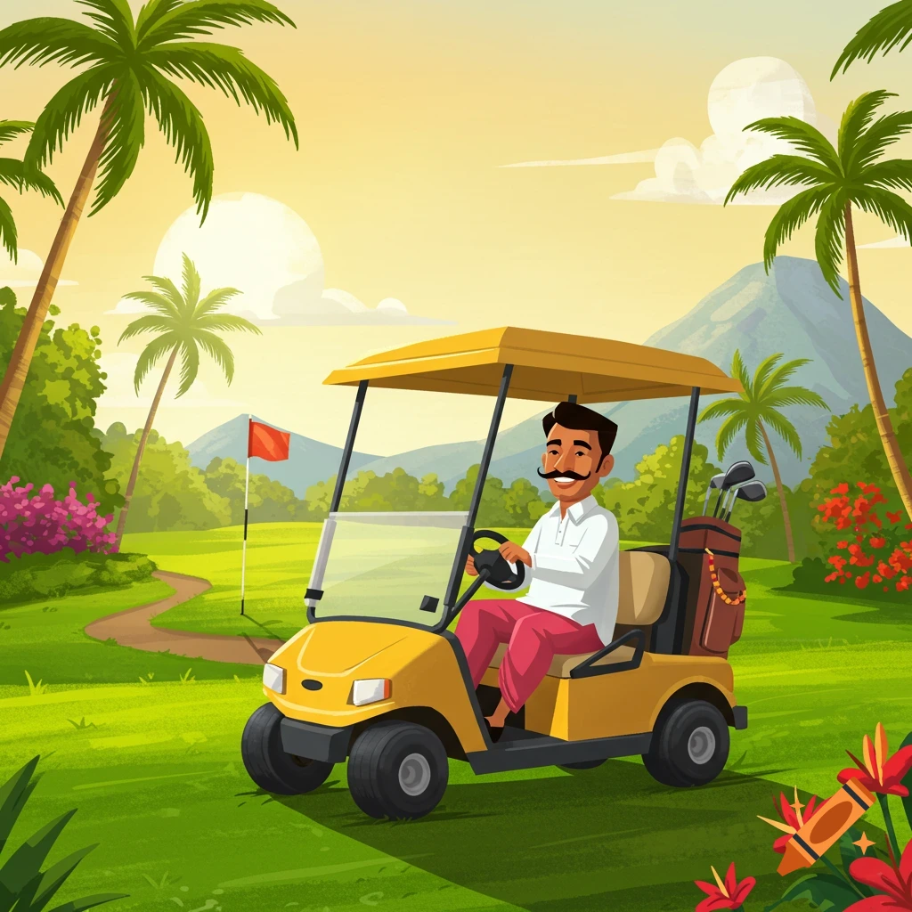 Illustration of a man driving a yellow golf cart on a tropical golf course with palm trees and mountains.