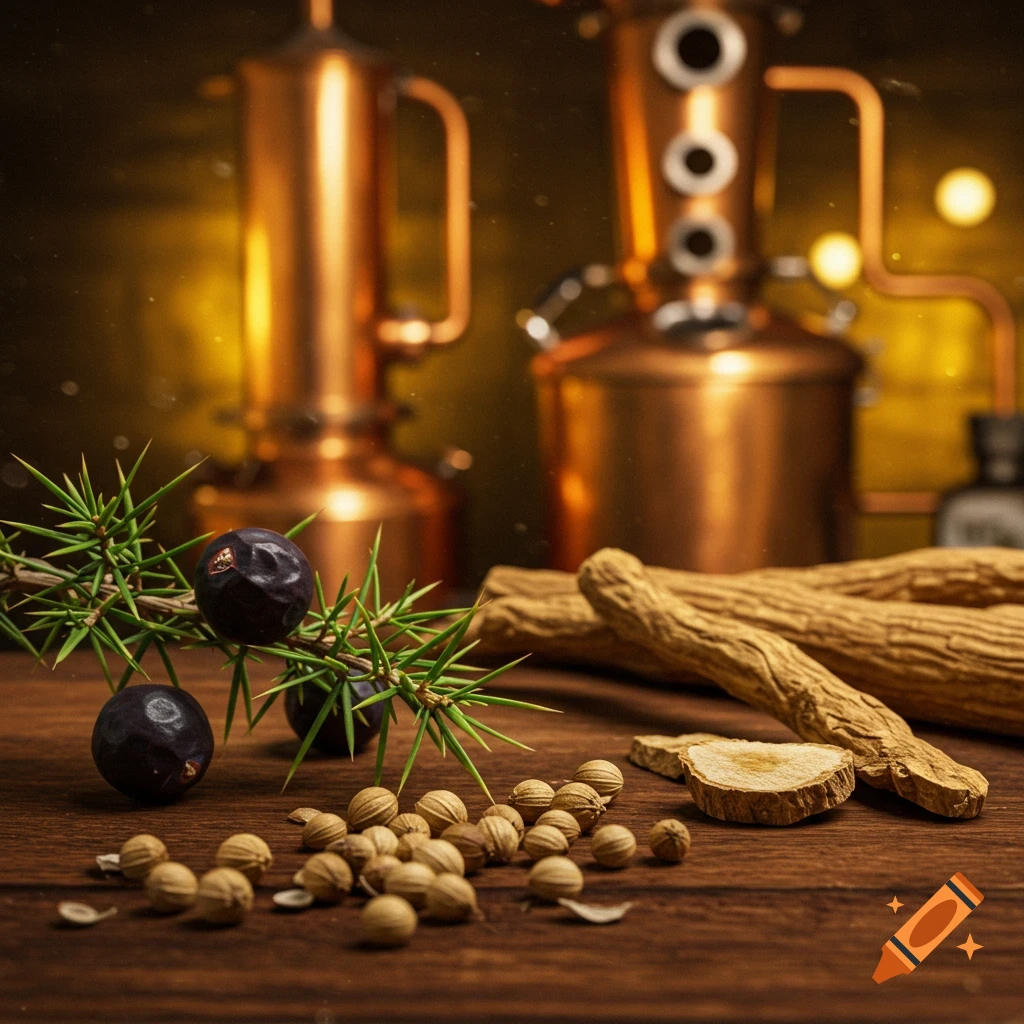 Juniper berries, coriander seeds, and roots on a table with blurry copper stills in the background.