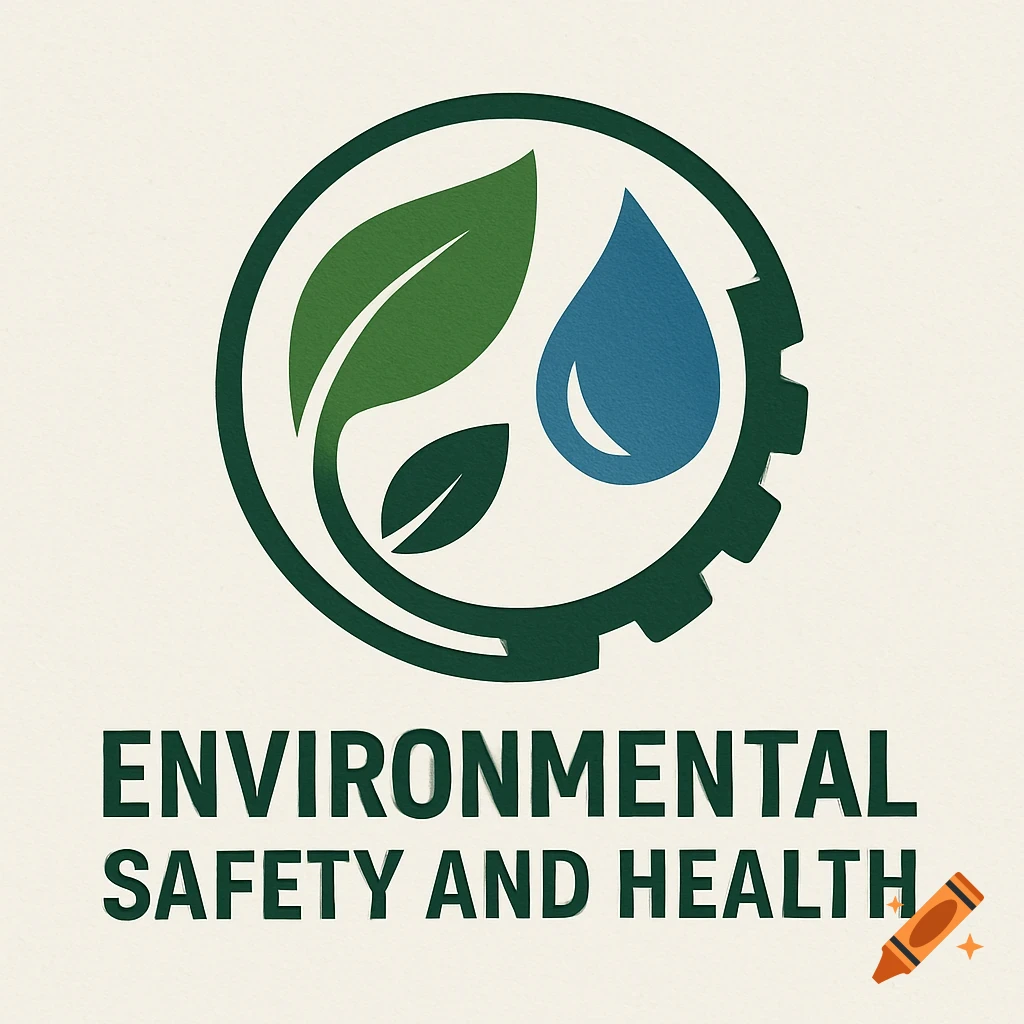 Logo for Environmental Safety and Health with abstract leaves, water drop, and gear symbol.