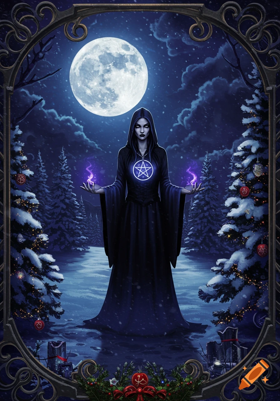 A dark fantasy illustration of a witch holding glowing energy in a snowy Christmas forest under a full moon, framed by trees and a decorative border.