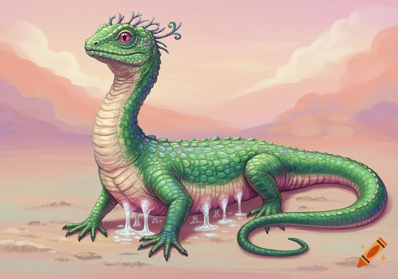 Illustration of a green fantasy reptile creature with udders dripping liquid in a desert landscape under a pink sky.