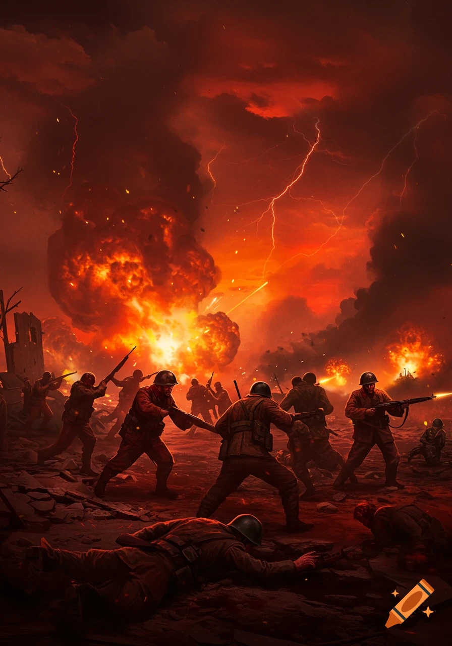 Soldiers fight on a battlefield with large explosions and lightning under a fiery sky.