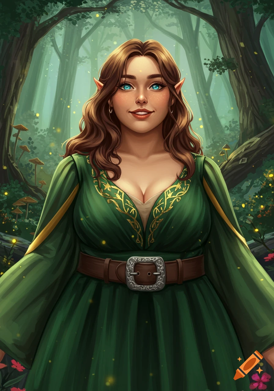 Fantasy portrait of an elf woman in a green dress in a forest. on Craiyon