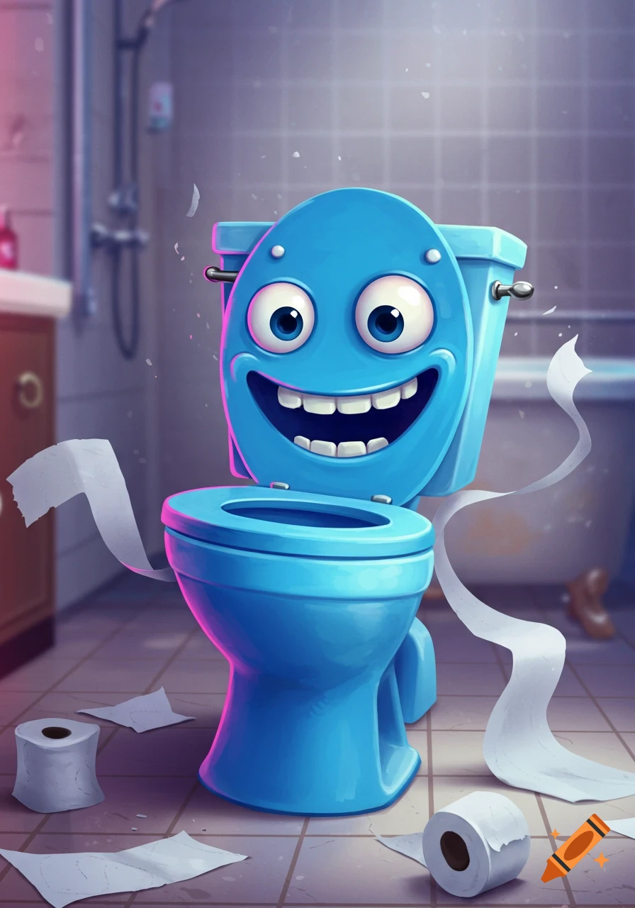 Cartoon blue toilet character with a happy face in a bathroom with toilet paper