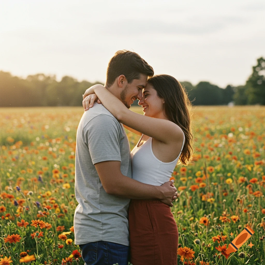 A couple embraces in a field of flowers at sunset.
