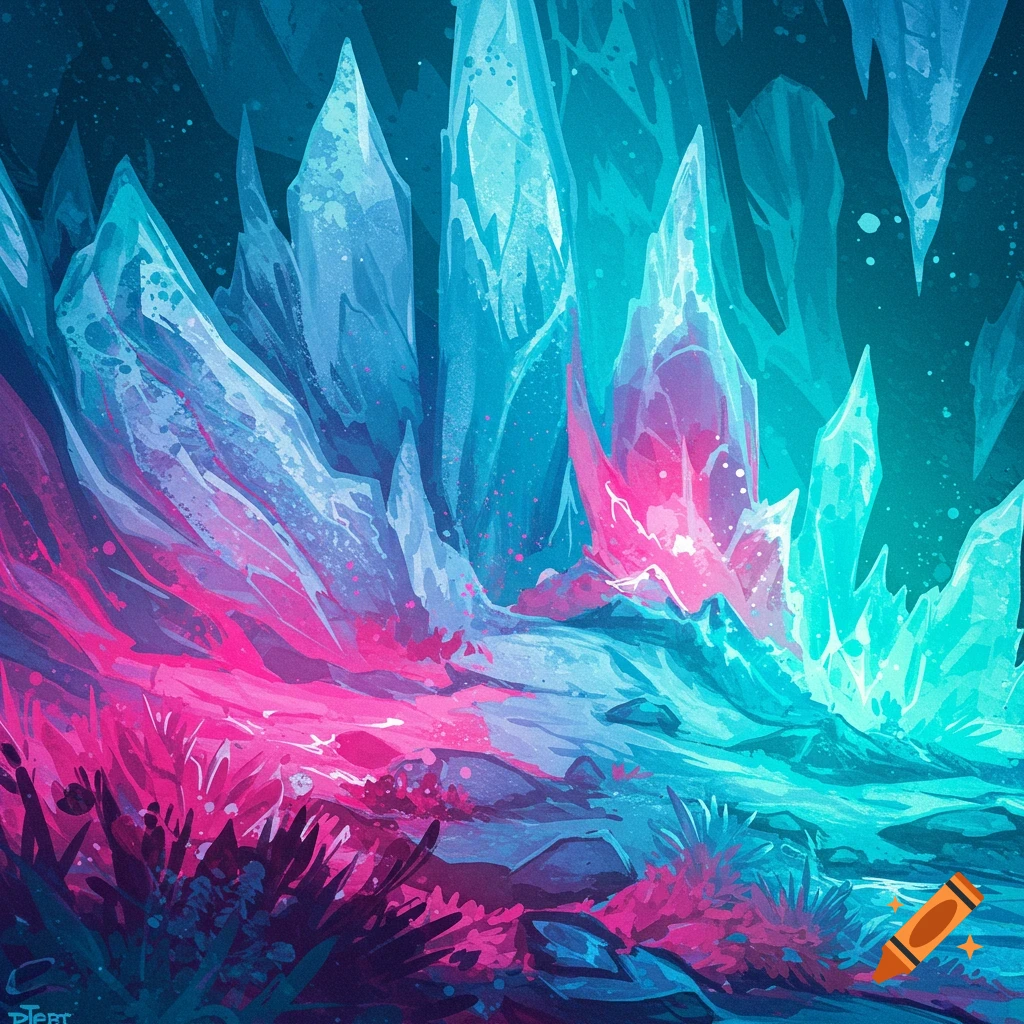 A stylized fantasy landscape of glowing blue and pink crystals.