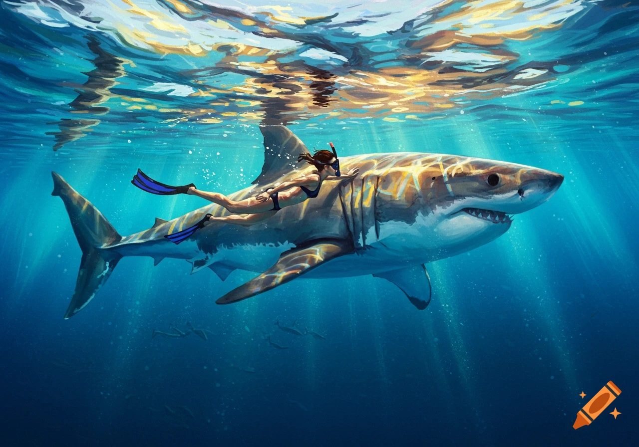 A person swims alongside a great white shark underwater in a painting.