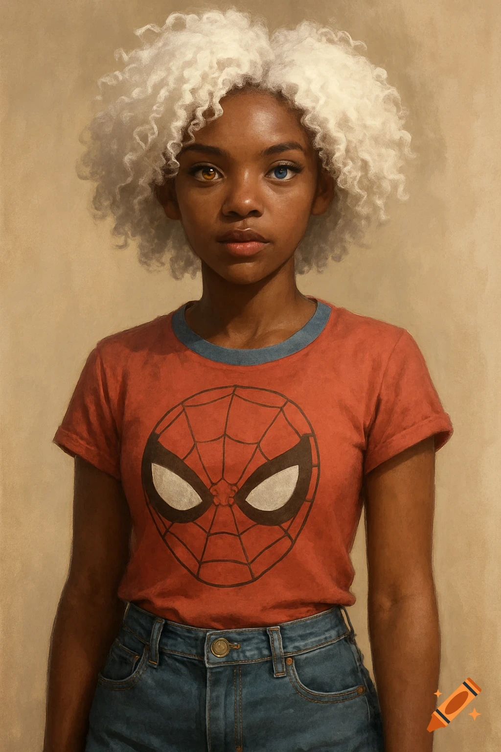A young woman with white curly hair and heterochromia wears a red Spider-Man t-shirt and denim shorts.