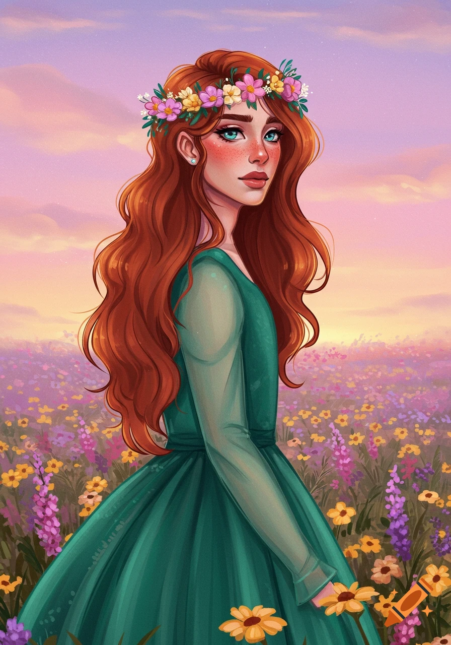 Illustration of a woman with red hair and flower crown in a field of ...