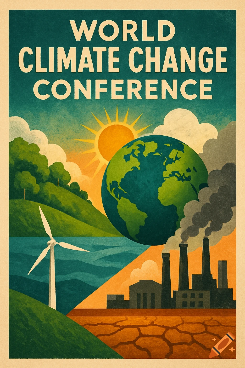 Poster for World Climate Change Conference: Earth, wind turbine, green hills vs. factories, pollution, drought.