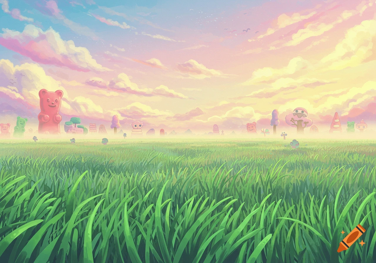 Dreamlike landscape with giant gummy creatures and candy trees in a grassy field under a pastel sky, dreamcore style