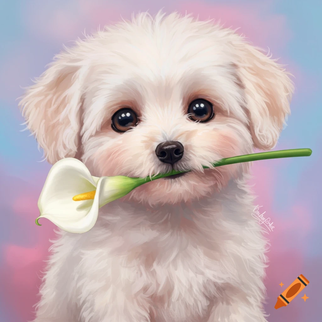 A cute white puppy holds a white calla lily in its mouth, illustration.