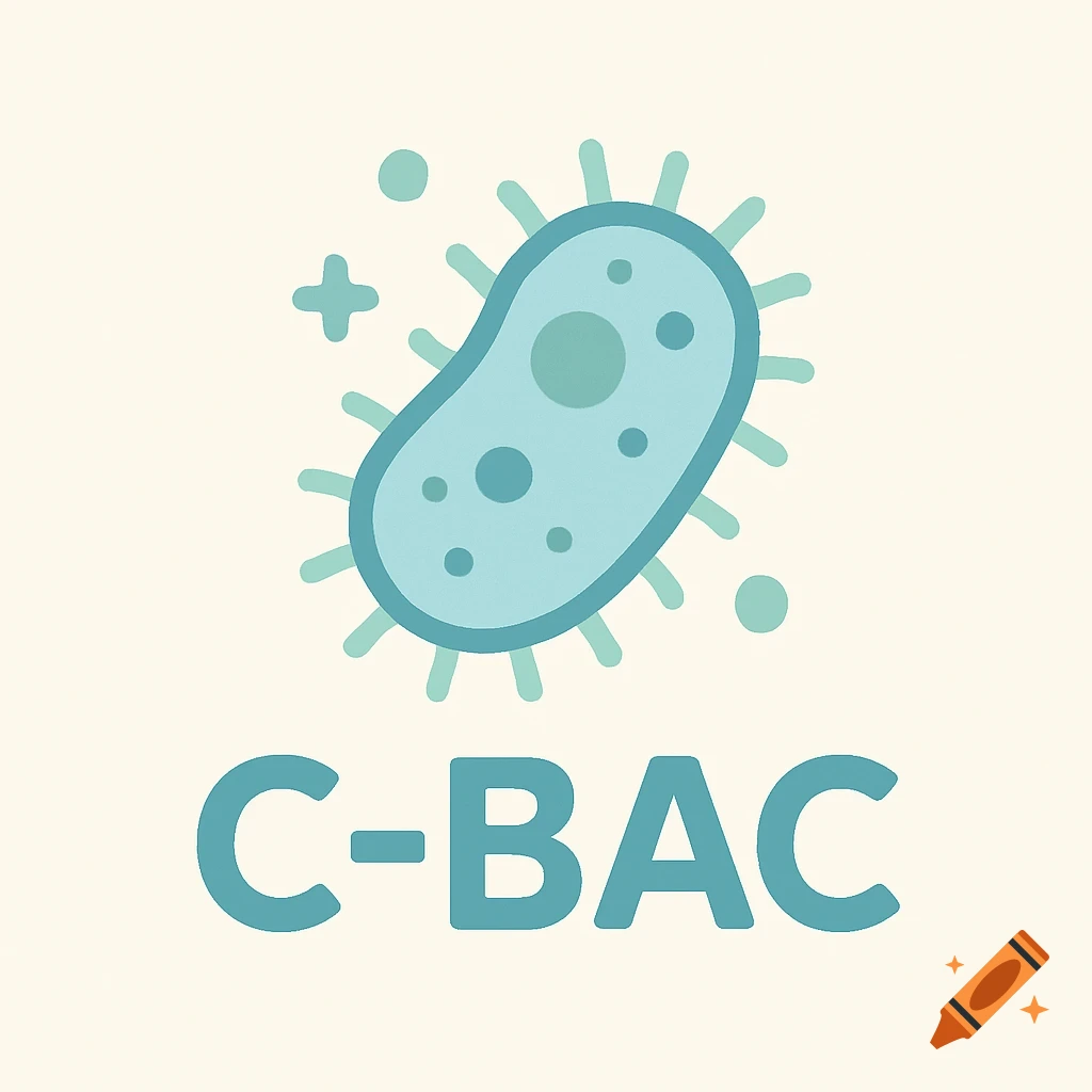 Illustration of a blue bacterium with the text C-BAC below it in a flat pastel style.