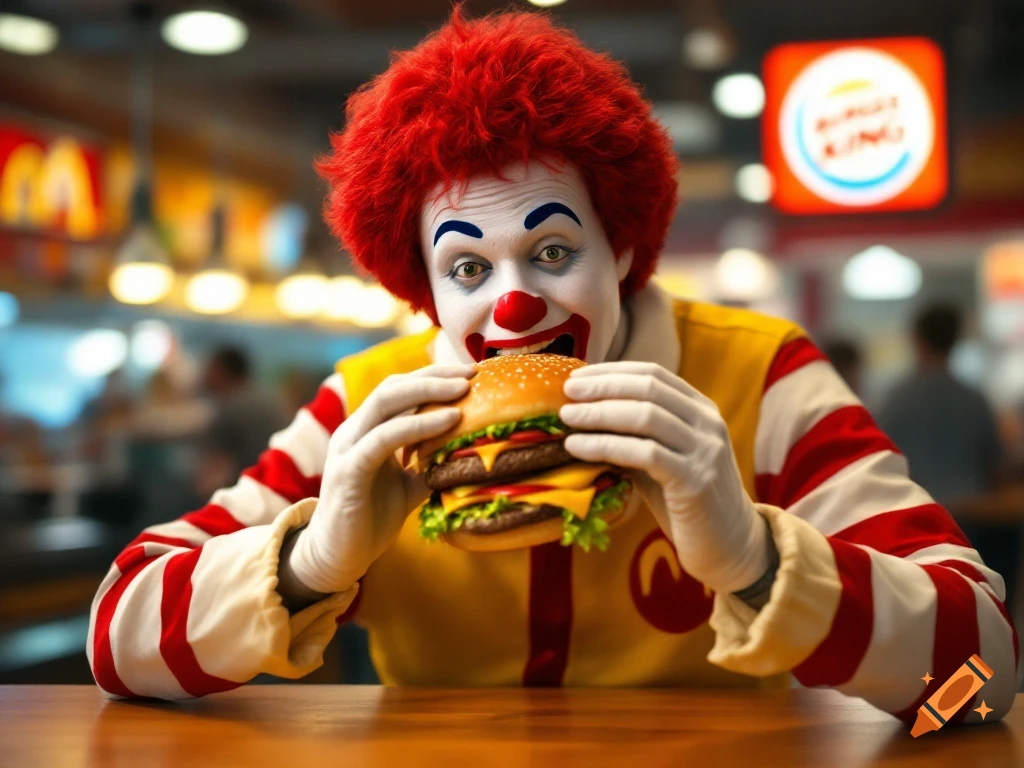 Ronald McDonald eats a burger inside a Burger King restaurant, photograph