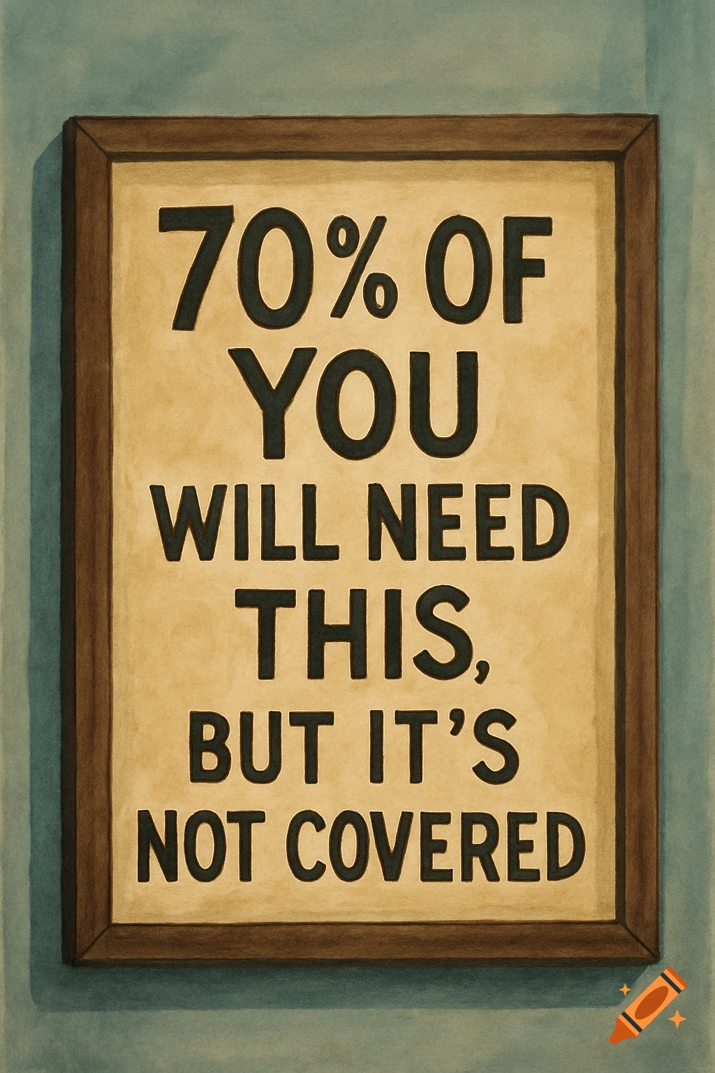 Illustration of a framed sign on a wall with the text '70% OF YOU WILL NEED THIS, BUT IT'S NOT COVERED'.