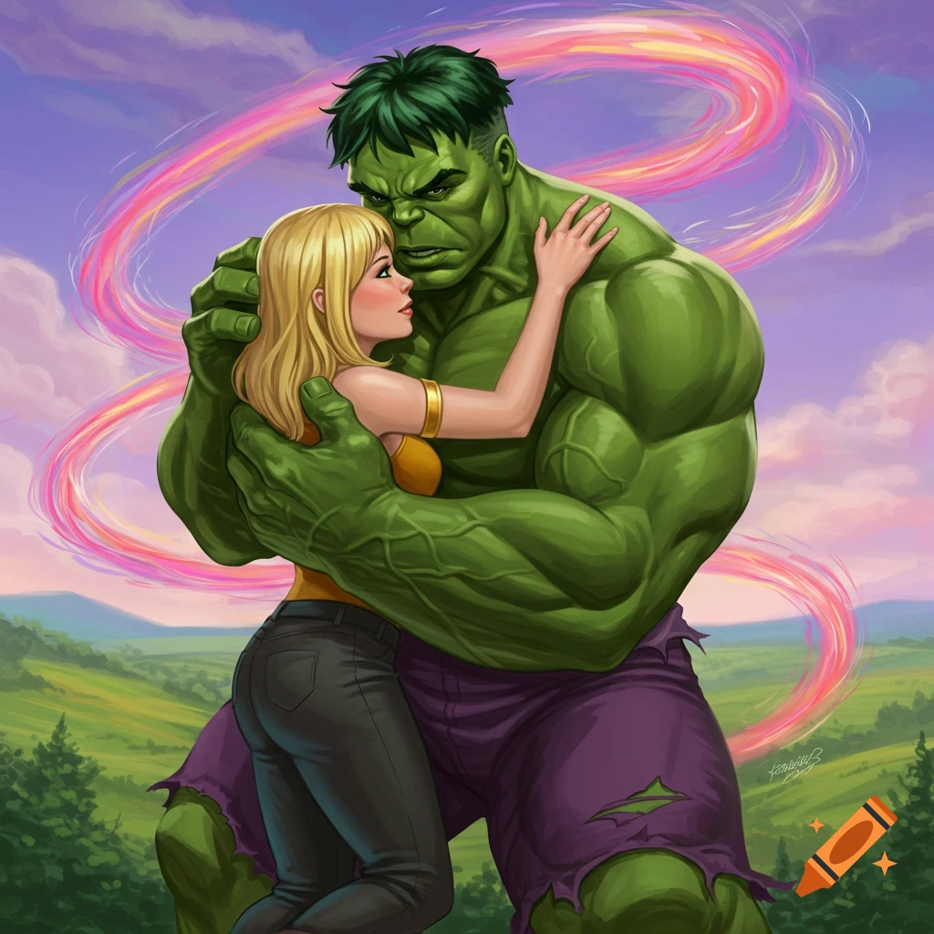 Hulk embraces Betty Ross in a romantic illustration against a landscape background.