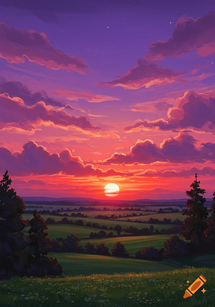 Vibrant sunset over a rolling green landscape with trees, in an illustrative style.
