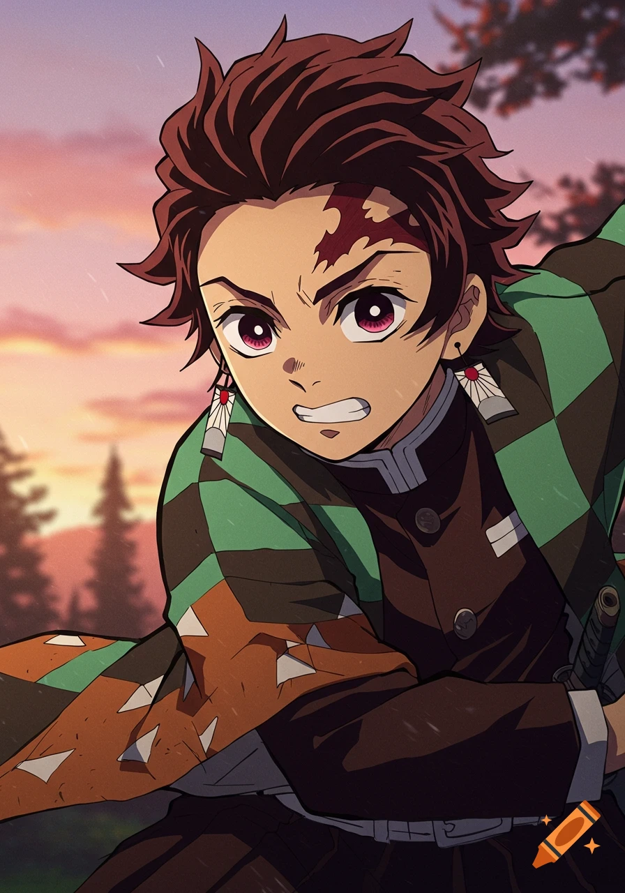 Anime portrait of a young man with brown hair and reddish eyes wearing ...