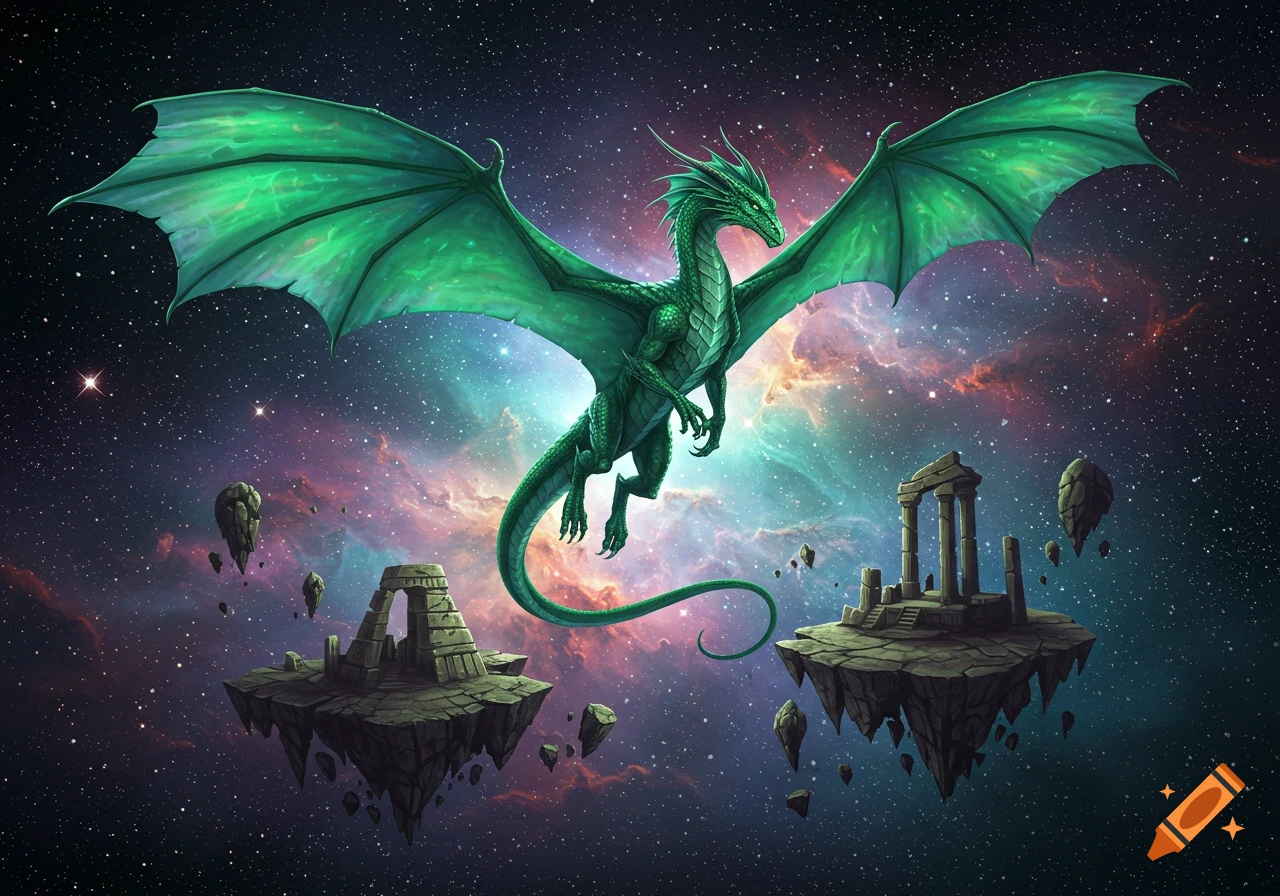 A green dragon flies through space among floating ancient ruins.