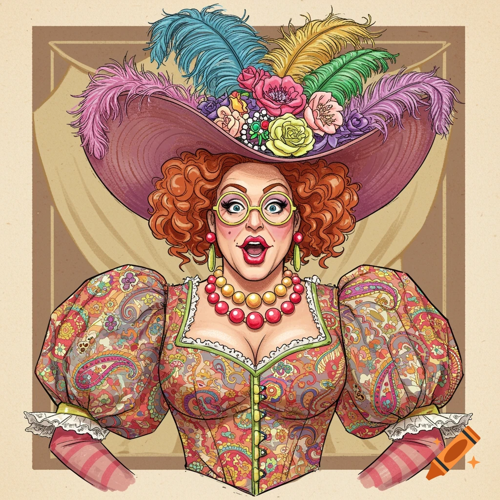 Illustration of a pantomime dame character in a colorful costume with a large feathered hat and paisley dress.