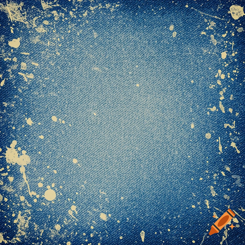 Blue denim texture background with white paint splatters in a grunge style.