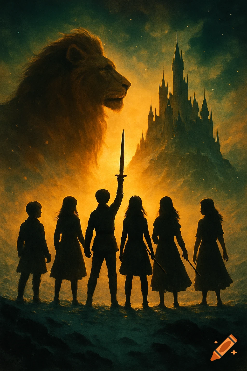 Silhouettes of six children, a lion, and a castle under an orange sky, fantasy movie poster style.