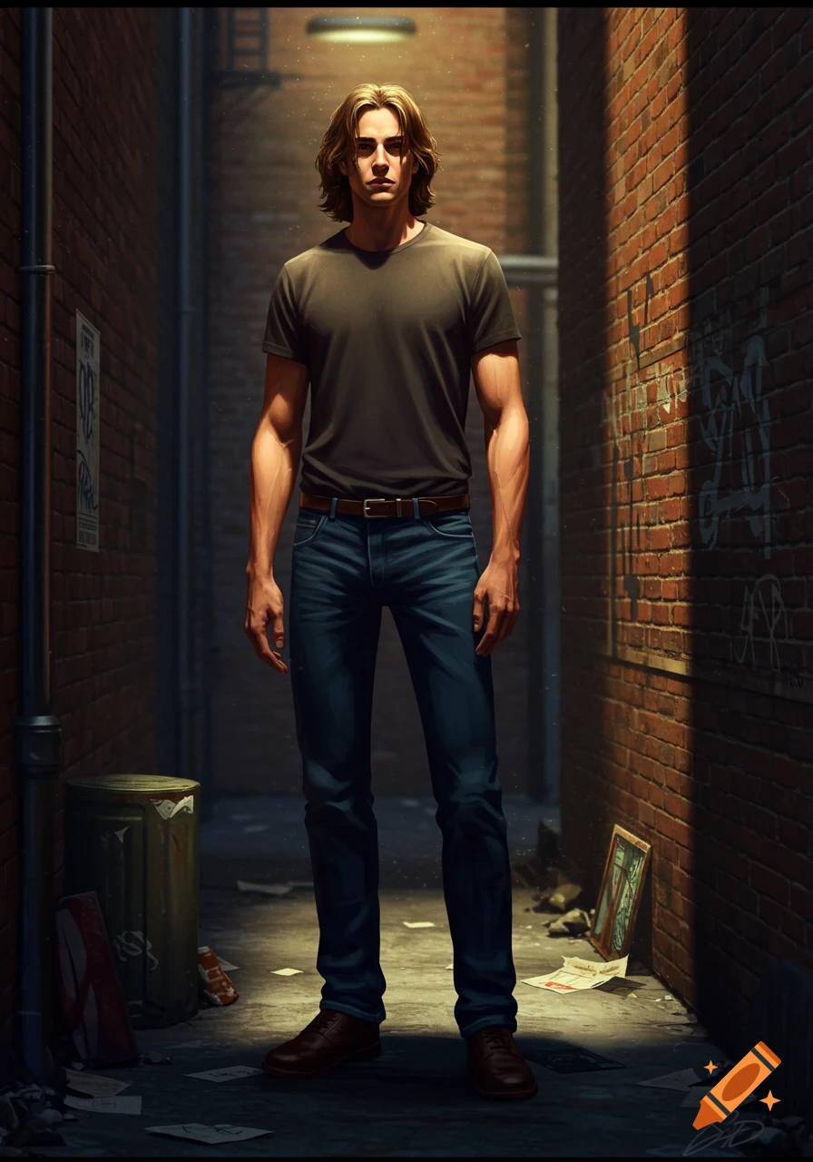 A man with long hair stands in a dark urban alley.