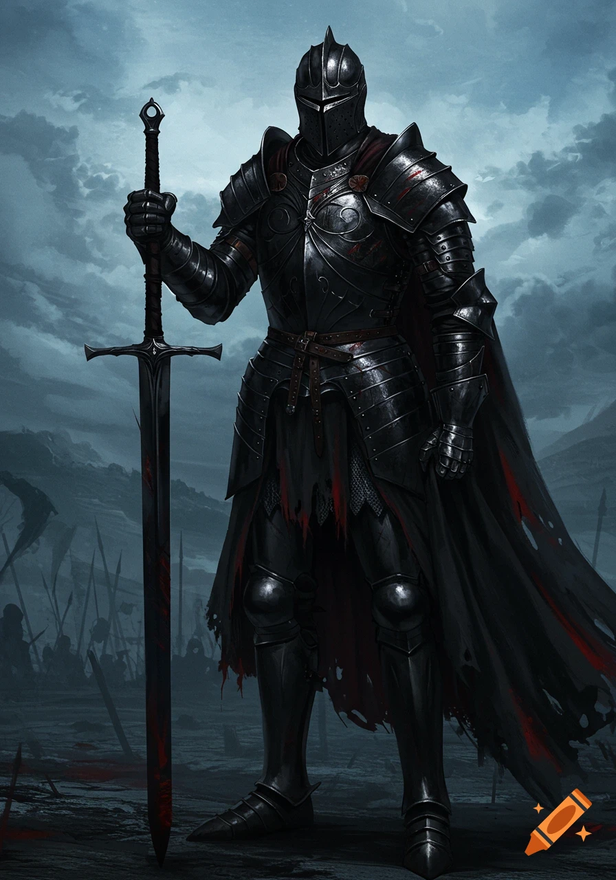 A knight in black armor stands holding a large sword on a bloody battlefield.