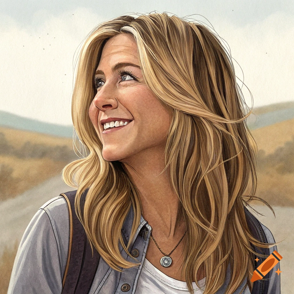 Painterly portrait of Jennifer Aniston smiling and looking into the distance.