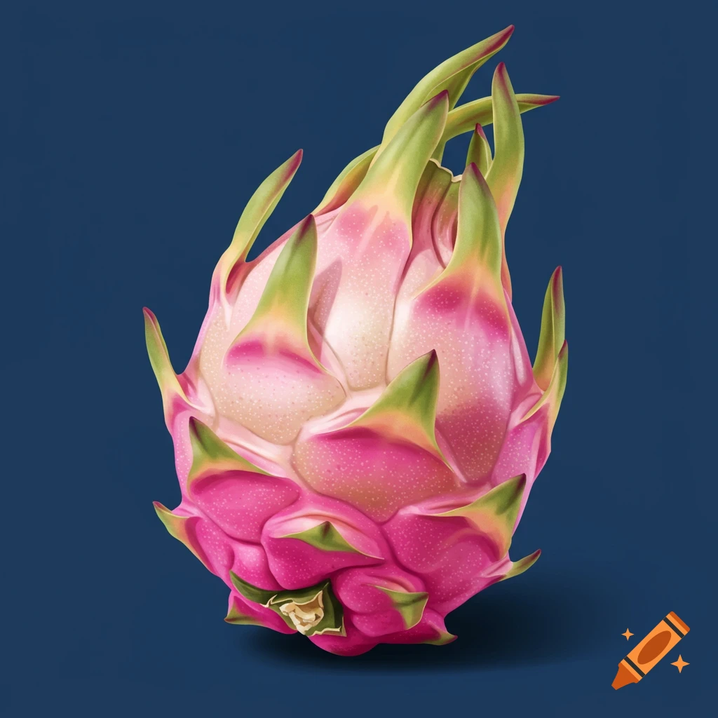 An illustration of a pink and green dragon fruit against a blue background.