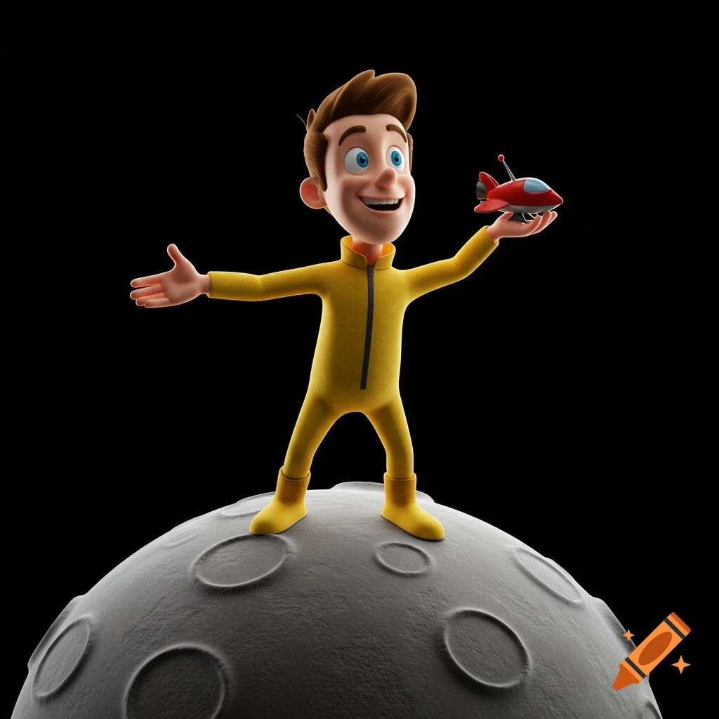 A 3D cartoon man in a yellow suit stands on the moon holding a small spaceship.
