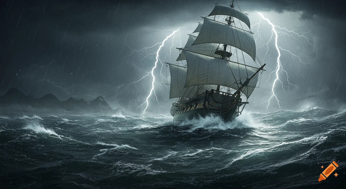 A large sailing ship battles a storm at sea, with dramatic lightning ...