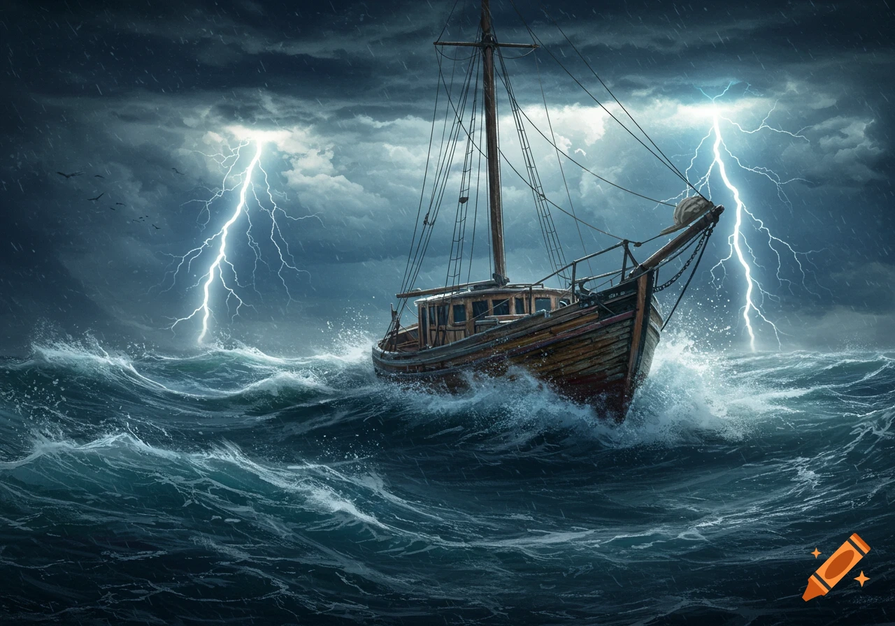 A wooden boat battles rough waves under a dark, stormy sky with lightning