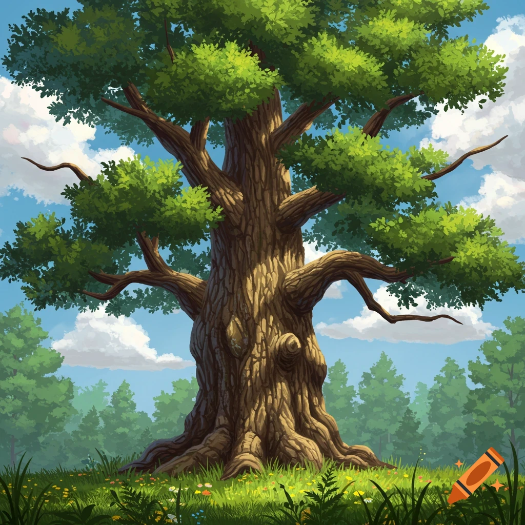 A large, old tree with broad branches stands in a grassy field surrounded by forest under a cloudy sky, rendered in a bright illustration style.
