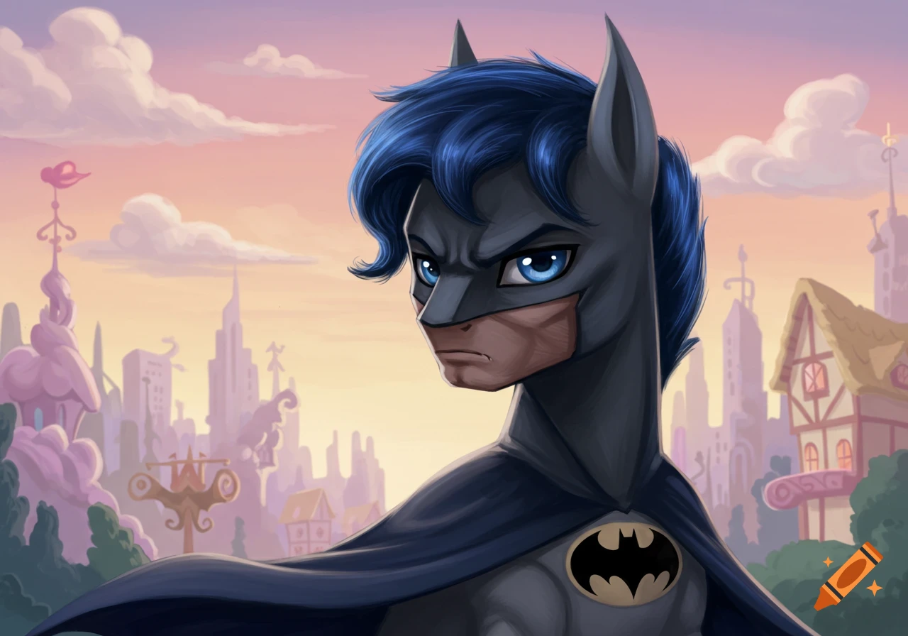A pony-like character wearing a Batman costume with a cityscape background.