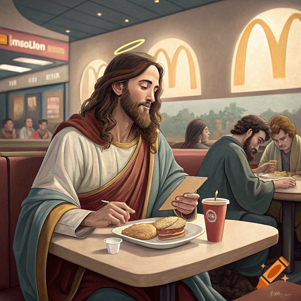 Jesus sits at a table in McDonald's, looking at a menu. Two disciples eat at another table nearby. Painted style.