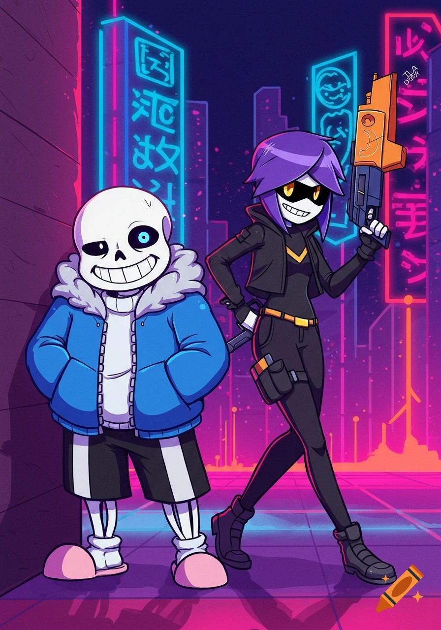 Cartoon of Sans and Uzi Doorman in a neon cyberpunk city