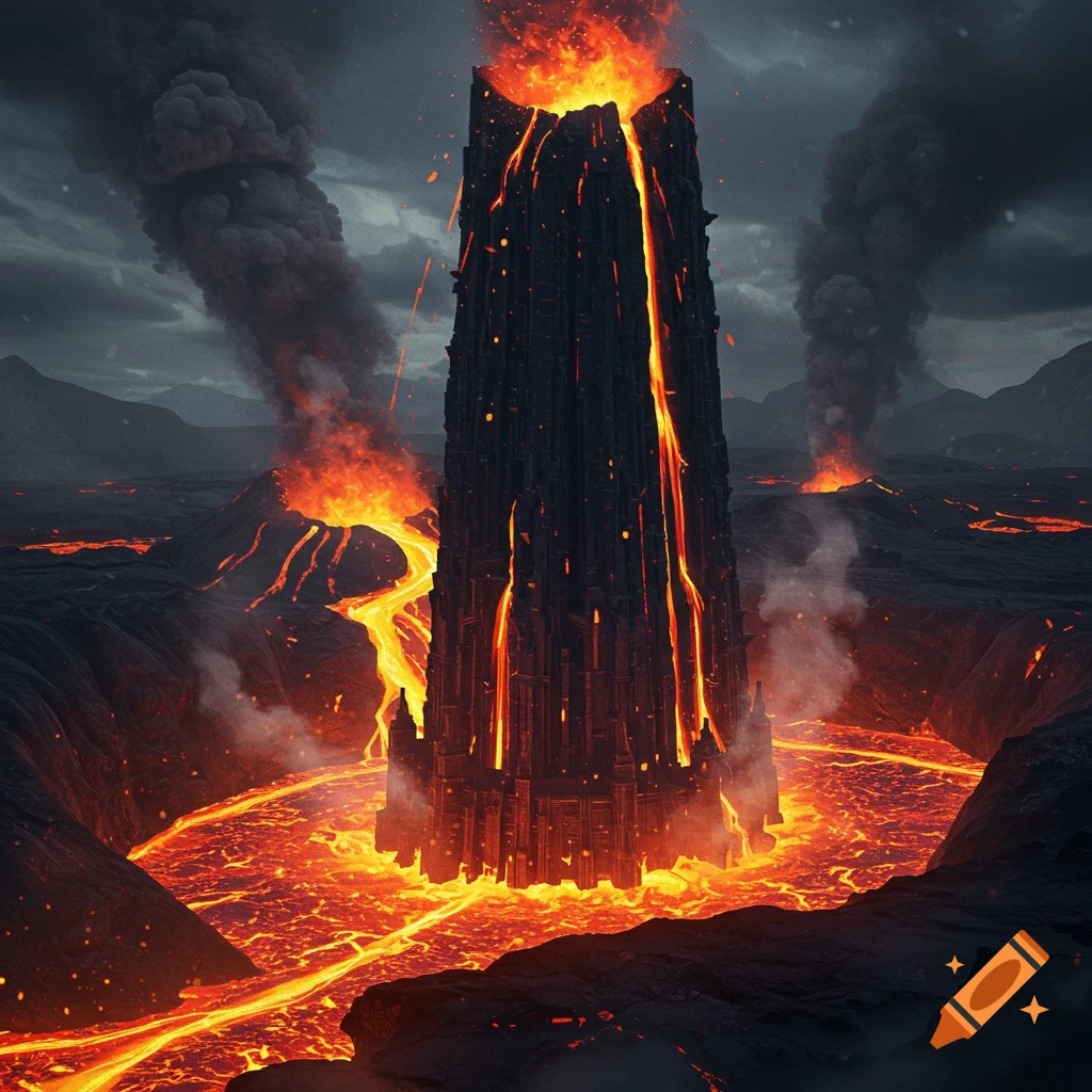 A tall, dark fantasy tower stands in the center of an active volcano, surrounded by flowing lava and smoke.