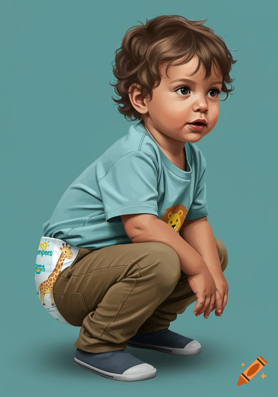 Illustration of a toddler crouching, wearing a blue shirt, brown pants, and a diaper with a giraffe print.