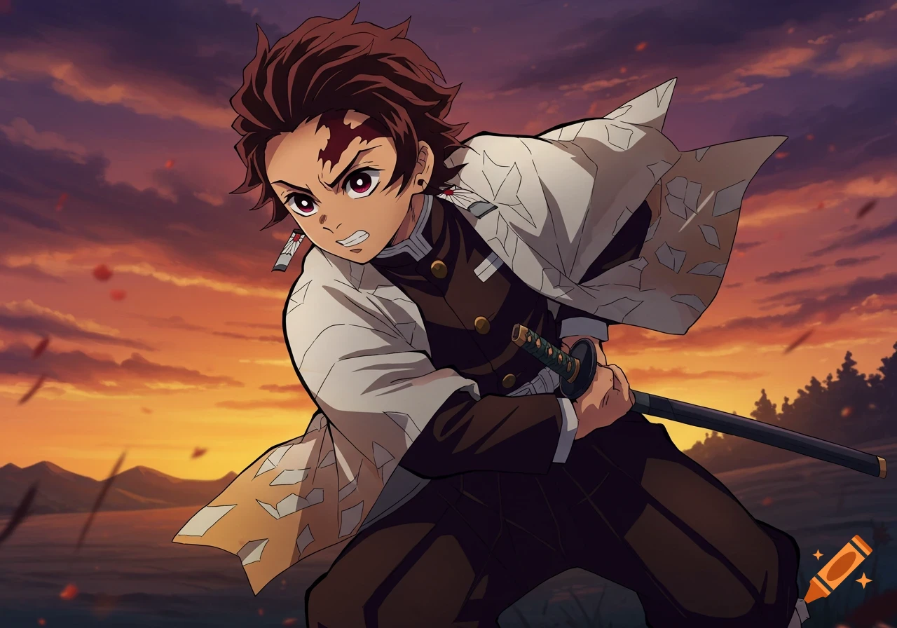 Anime style portrait of a teenager with brown hair, scar, and earrings in a uniform, holding a katana at sunset.