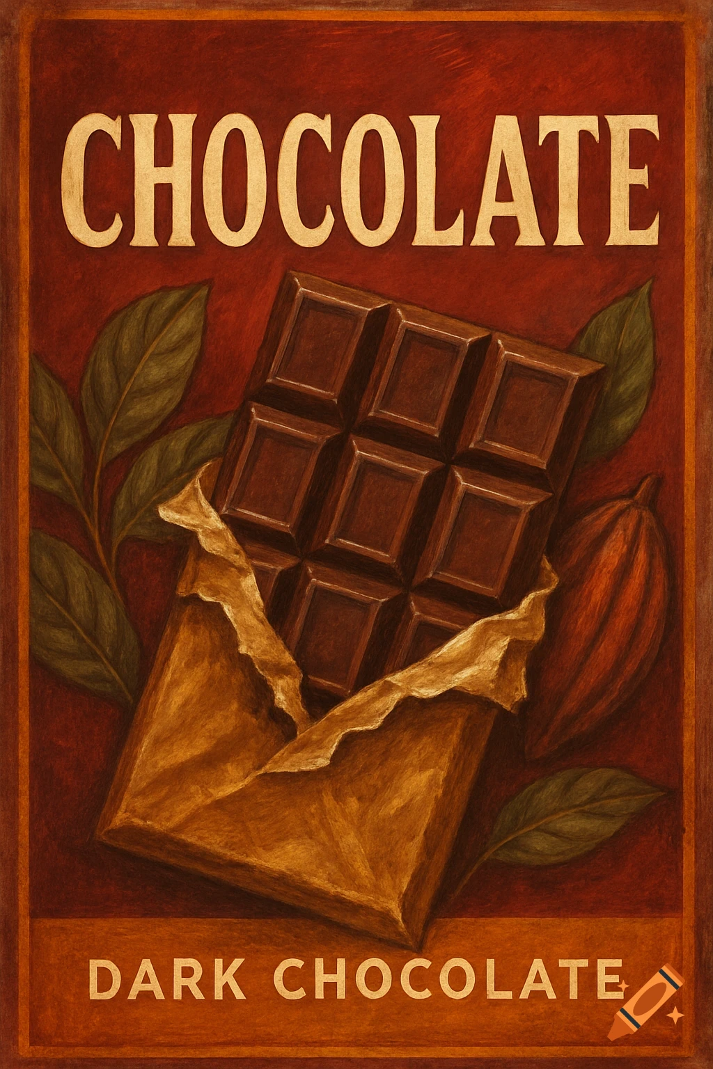 Vintage poster of a chocolate bar in a wrapper with text "CHOCOLATE" and "DARK CHOCOLATE".