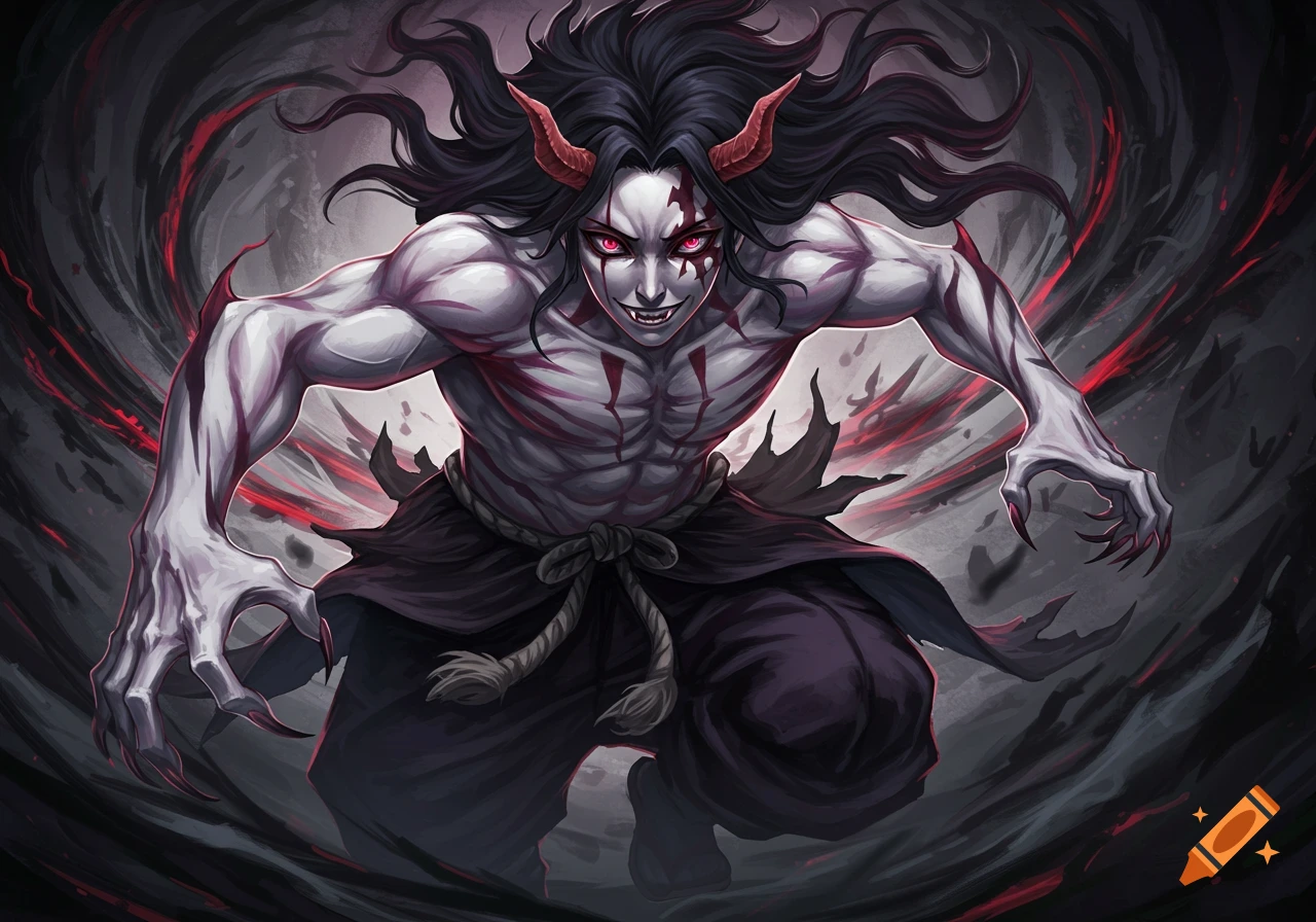 A muscular demon figure with red eyes and horns lunges forward in a stylized dark and red background.