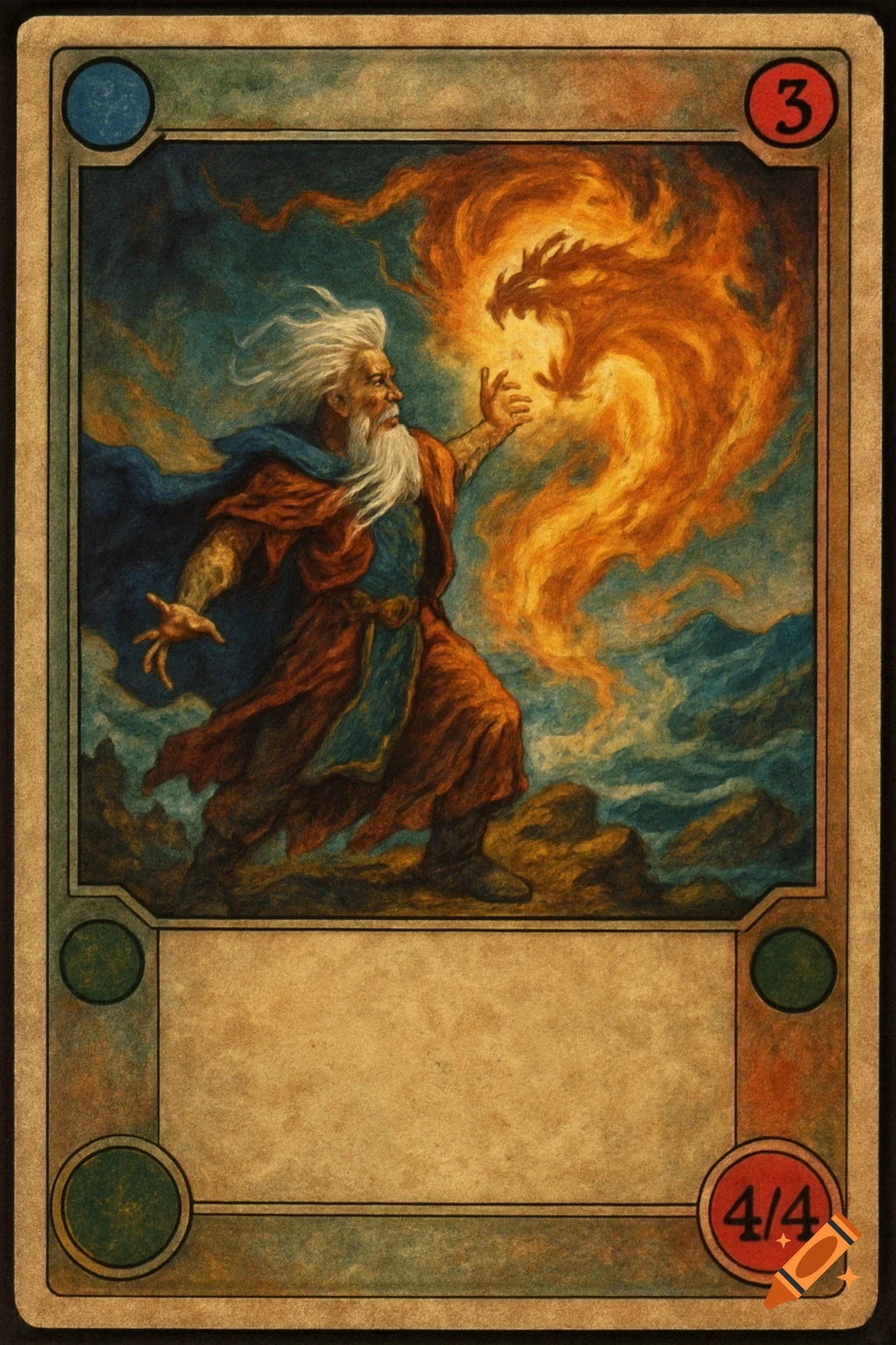 Vintage trading card game illustration of a wizard casting a fiery dragon spell