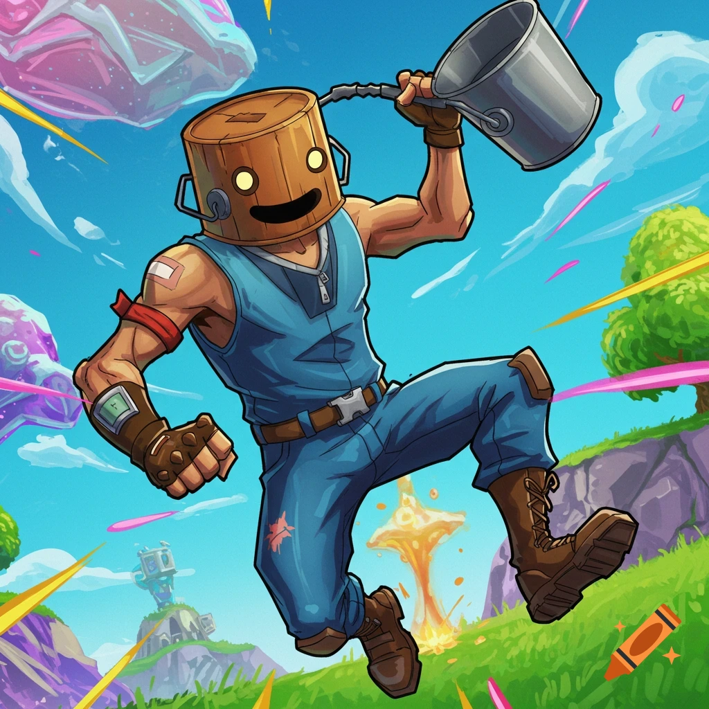 Stylized character with a bucket on his head jumping in a colorful landscape, holding a bucket.
