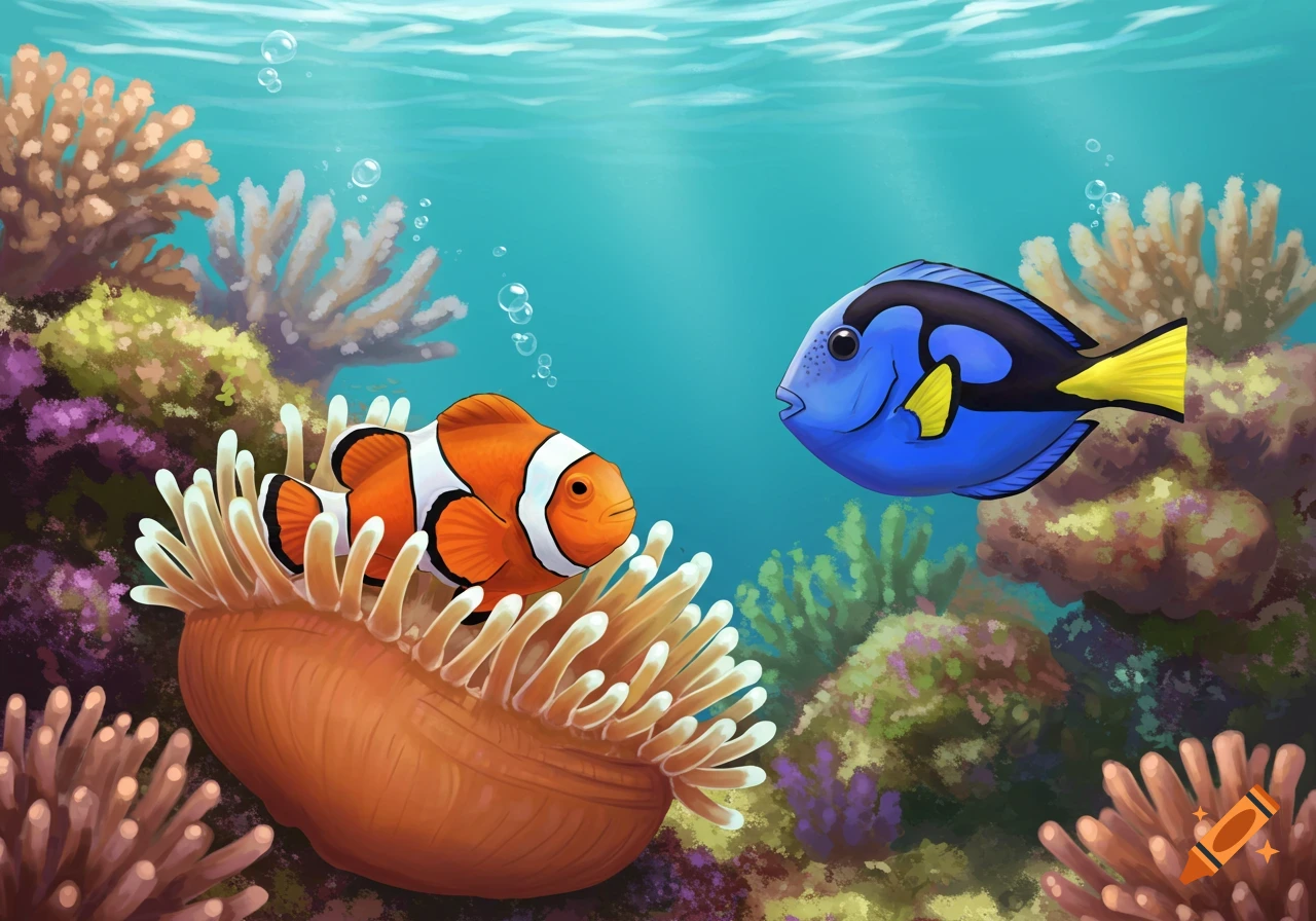 An illustration of an orange clownfish in a sea anemone and a blue tang swimming in a coral reef.