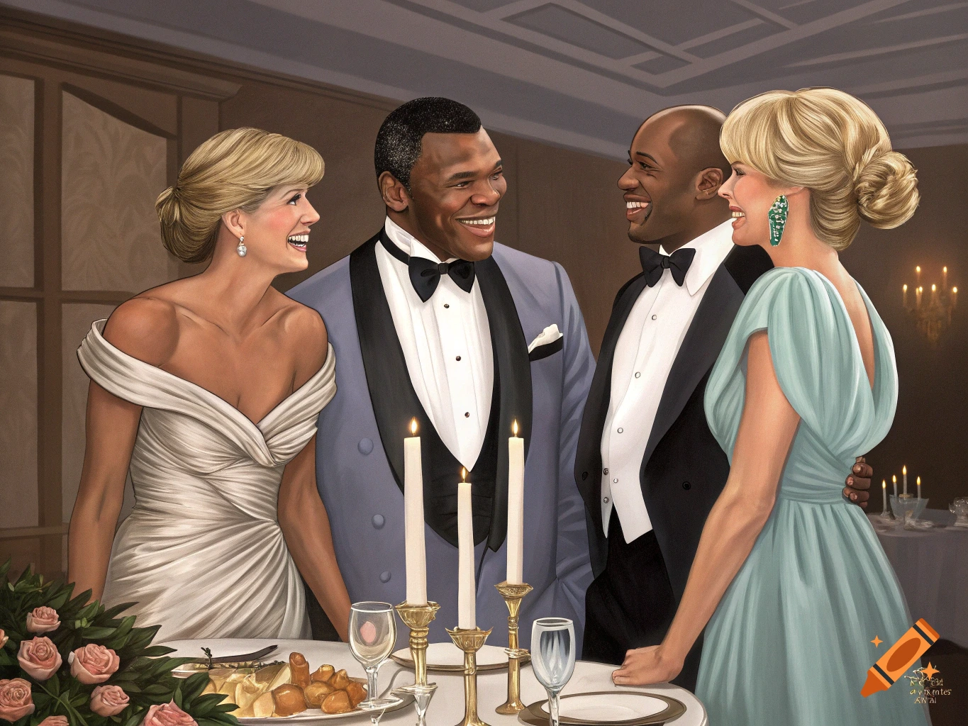 Lady Diana, Mike Tyson, Carl Lewis, and Pamela Anderson smiling at a formal dinner party table, illustration.
